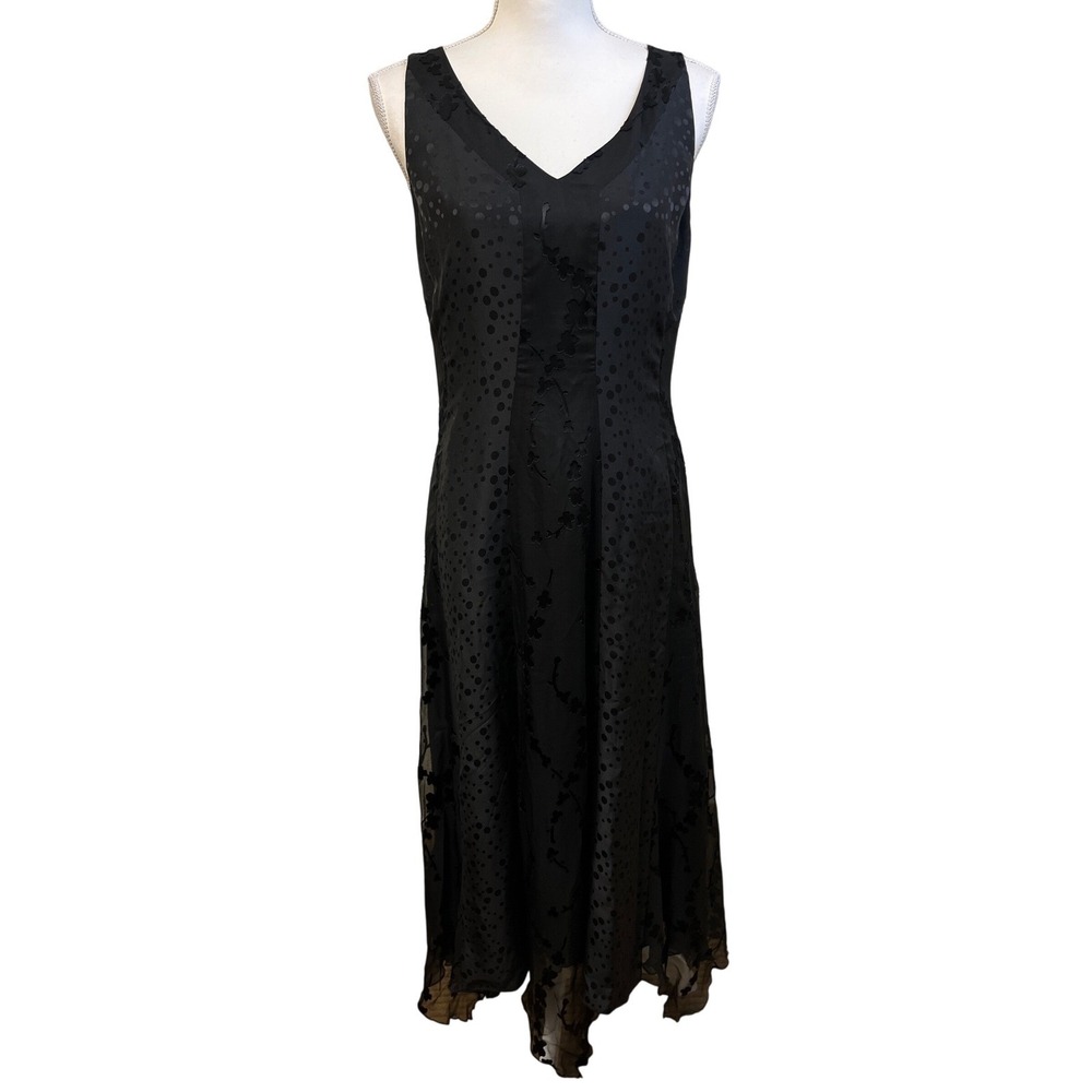 LAURA ASHLEY Black Silk Midi Dress 6 Burnout Floral Goth Whimsigoth Romantic y2k